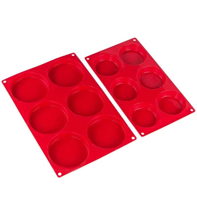 Webake Silicone Molds for 3 Inch and 4 Inch Round Disc Pan for Cake, Muffin Top, Bun, Custard, Tart, Resin Coaster, 6 Cavity, Red Set of 2 - Image 2
